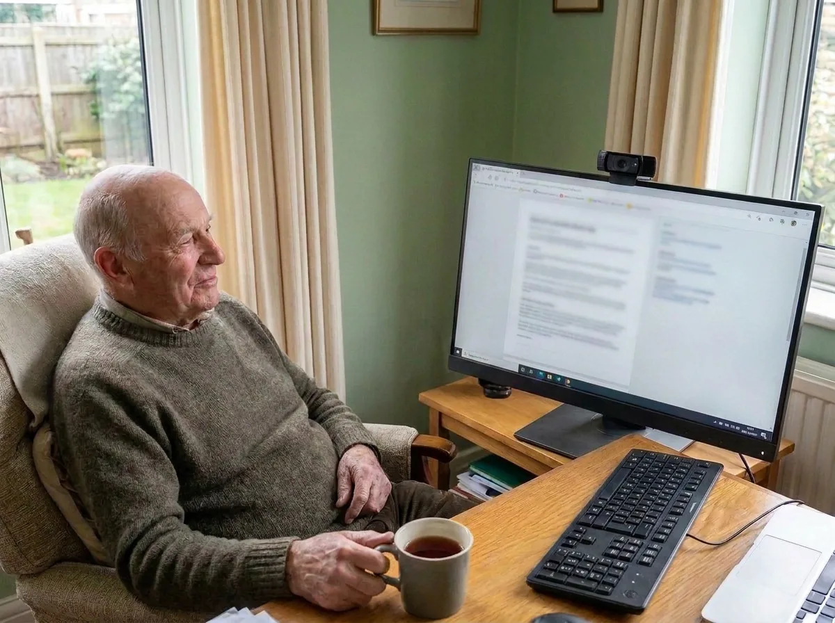 A man in his eighties sitting relaxed at his desk at home, talking aloud to his computer